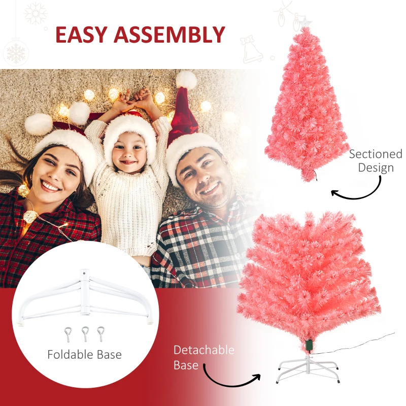HOMCOM 7ft Prelit Artificial Christmas Tree with LED Lights, Multicolored Fiber Optics and Realistic Branch Tips, Pink