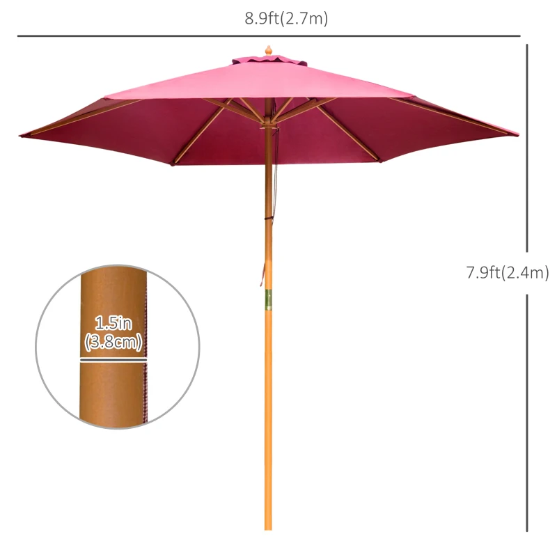 Outsunny φ9' x 8' H Patio Umbrella, Market Umbrella with Hardwood Frame and Wind Vent, Outdoor Beach Parasol, Wine Red