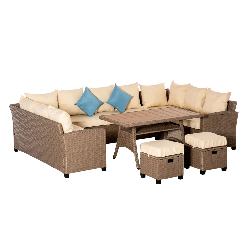 Outsunny Patio Furniture Set, 6 Piece PE Wicker Outdoor Furniture, Conversation Set with Ottomans, Table & Chairs, All Weather Sectional Sofa Couch, Blue Pillows, Brown Rattan, Khaki Cushions