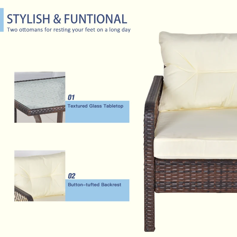 Outsunny 5-Piece PE Wicker Patio Furniture Set, Conversation Set with Outdoor Ottomans, Table & Chairs, Small Balcony Furniture for Apartments, Steel, Cream White