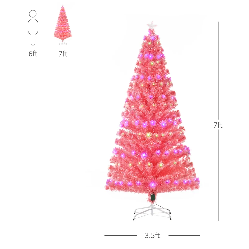 HOMCOM 7ft Prelit Artificial Christmas Tree with LED Lights, Multicolored Fiber Optics and Realistic Branch Tips, Pink
