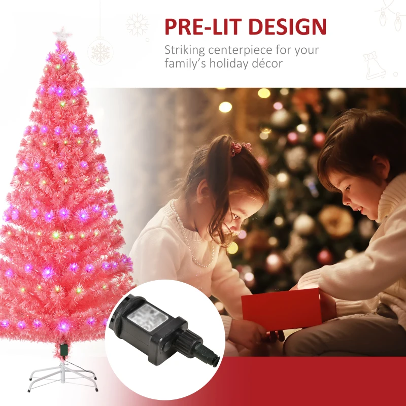 HOMCOM 7ft Prelit Artificial Christmas Tree with LED Lights, Multicolored Fiber Optics and Realistic Branch Tips, Pink