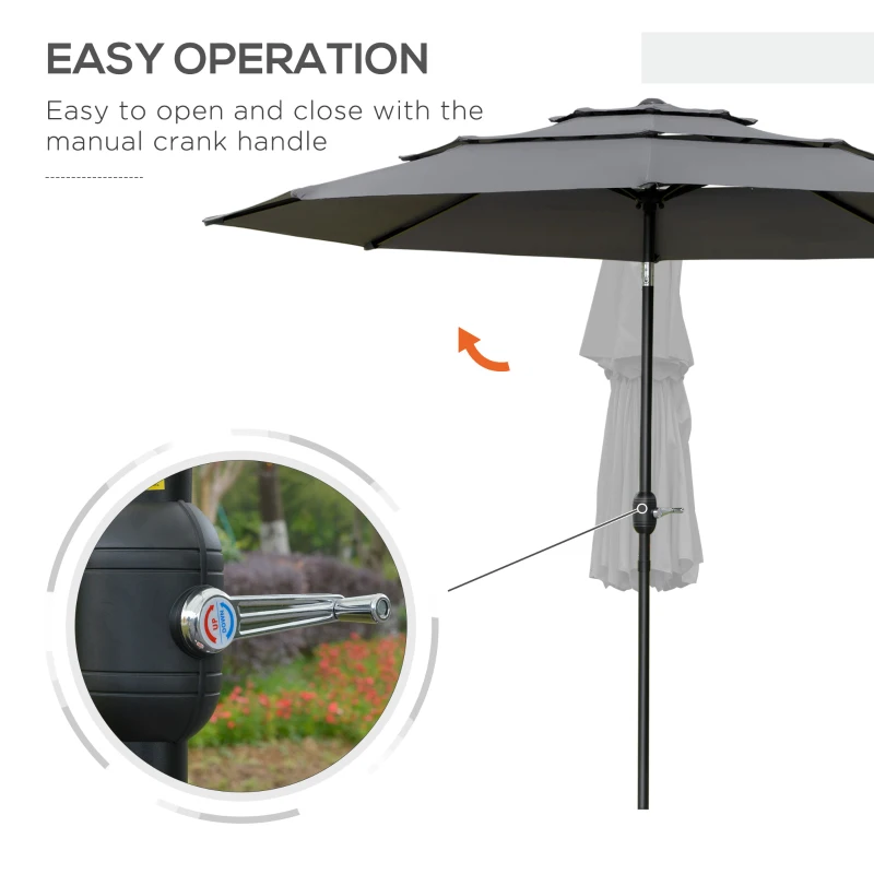 Outsunny 9FT 3 Tiers Patio Umbrella Outdoor Market Umbrella with Crank, Push Button Tilt for Deck, Backyard and Lawn, Light Grey