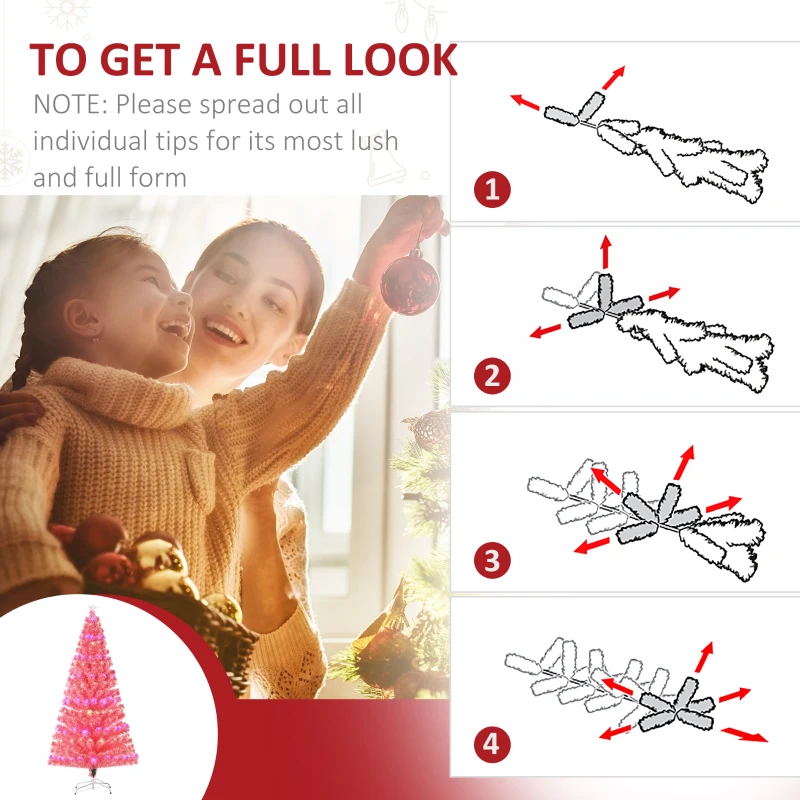 HOMCOM 7ft Prelit Artificial Christmas Tree with LED Lights, Multicolored Fiber Optics and Realistic Branch Tips, Pink