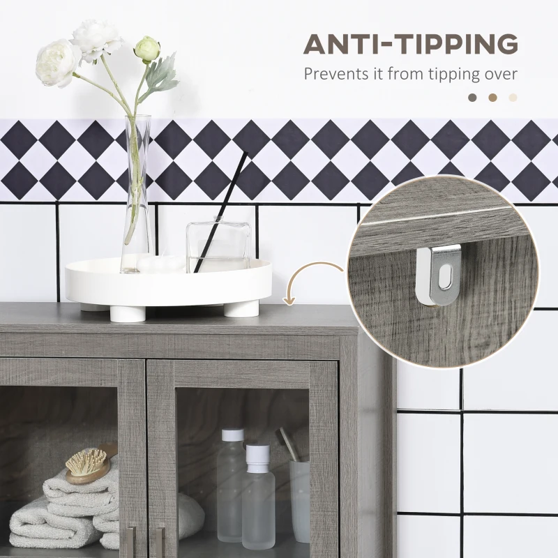 kleankin Modern Bathroom Floor Cabinet, Freestanding Bathroom Storage Cabinet with Double Glass Doors and Adjustable Shelves, Gray