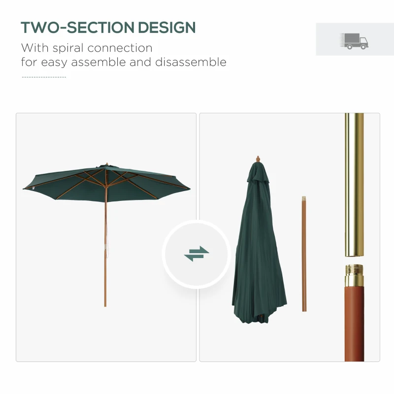 Outsunny ⌀9' x 8' H Patio Umbrella, Market Umbrella with Hardwood Frame and Wind Vent, Outdoor Beach Parasol, Green
