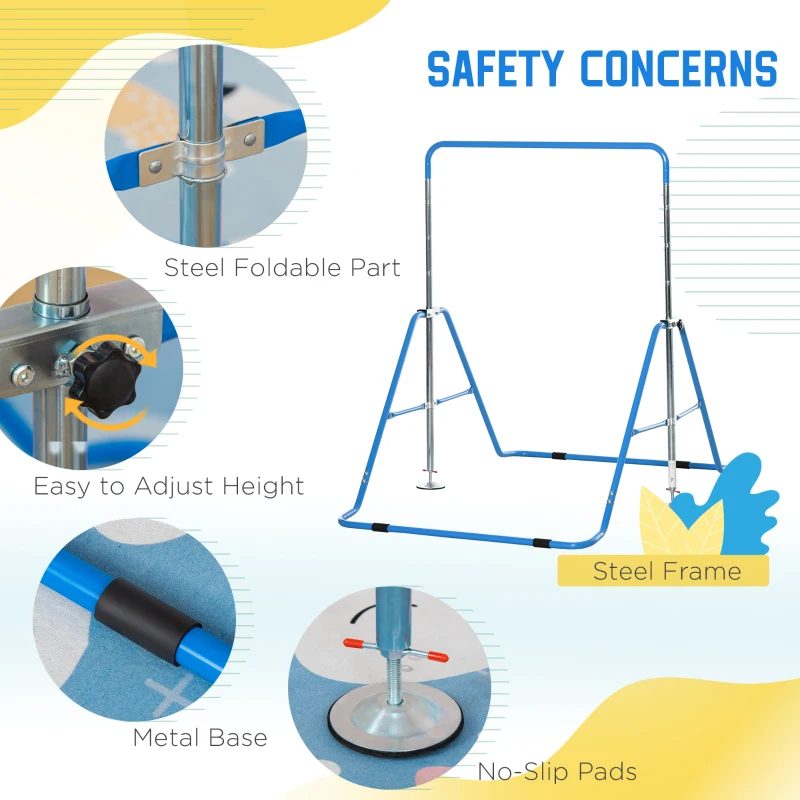 Qaba Folding Gymnastics Bar for Kids with Shock Absorption, Adjustable Gymnastics Horizontal Bar, Gymnastics Kip Bar for Home Use, Blue