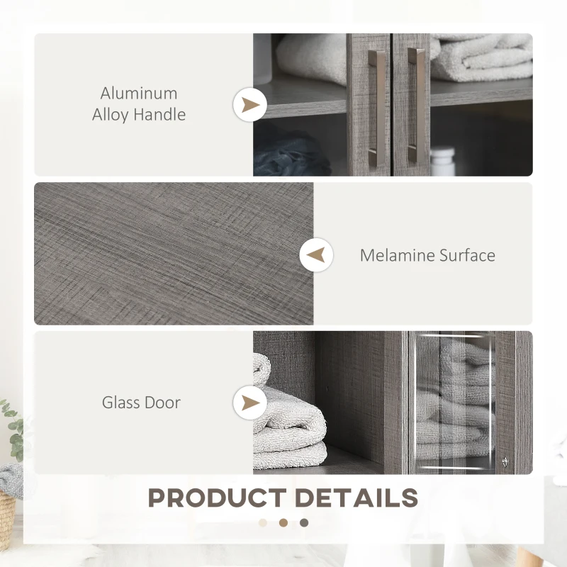 kleankin Modern Bathroom Floor Cabinet, Freestanding Bathroom Storage Cabinet with Double Glass Doors and Adjustable Shelves, Gray