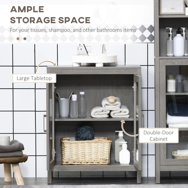 kleankin Modern Bathroom Floor Cabinet, Freestanding Bathroom Storage Cabinet with Double Glass Doors and Adjustable Shelves, Gray