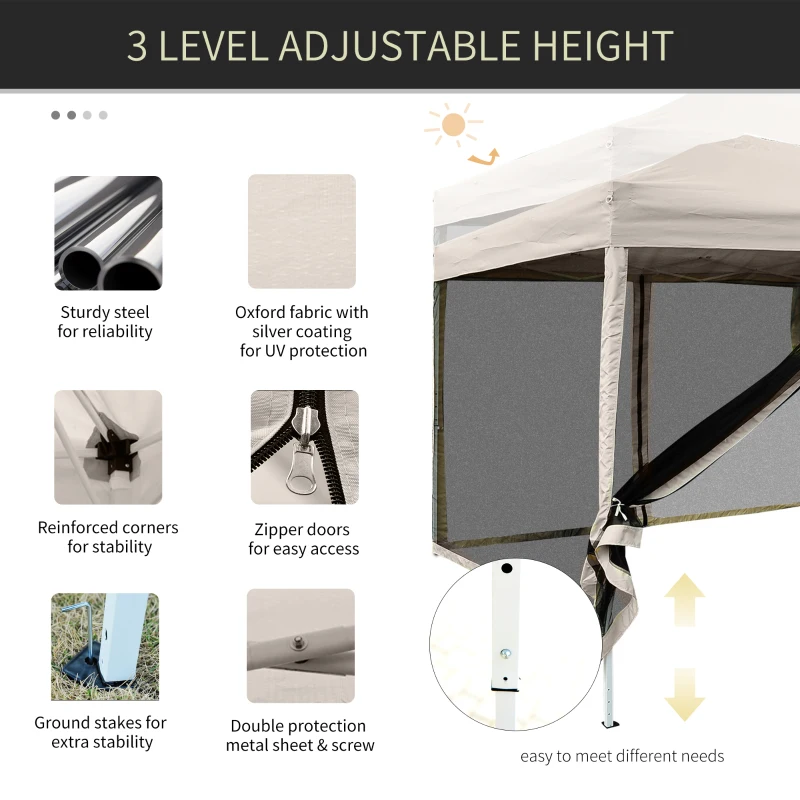 Outsunny 210D Oxford 10' x 10' Pop Up Canopy Tent with Netting, Instant Screen Room House, Tents for Parties, Height Adjustable, with Carry Bag, for Outdoor, Garden, Patio