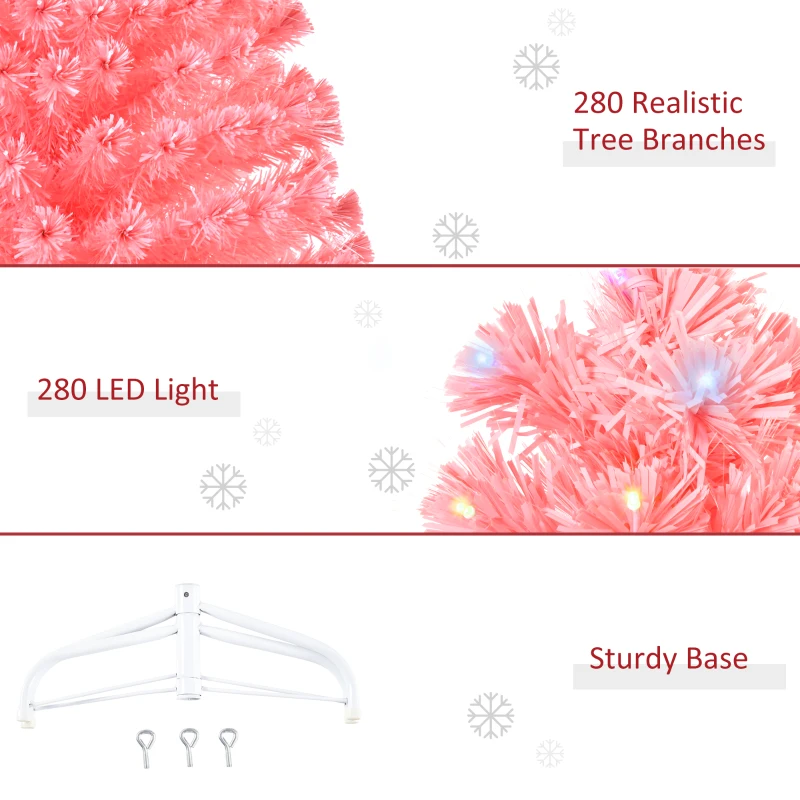 HOMCOM 7ft Prelit Artificial Christmas Tree with LED Lights, Multicolored Fiber Optics and Realistic Branch Tips, Pink