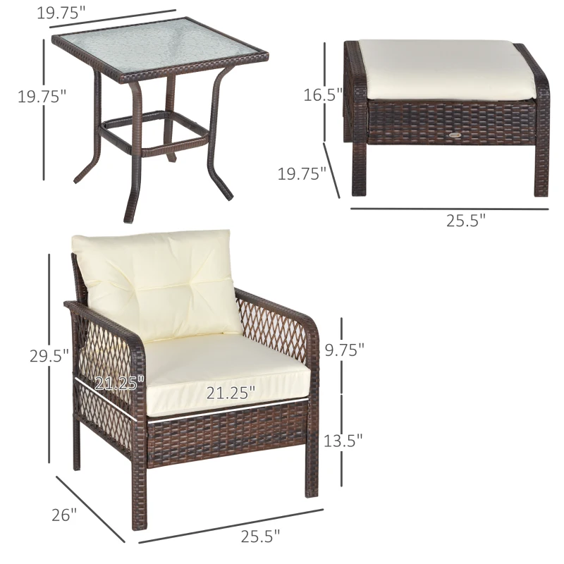 Outsunny 5-Piece PE Wicker Patio Furniture Set, Conversation Set with Outdoor Ottomans, Table & Chairs, Small Balcony Furniture for Apartments, Steel, Cream White