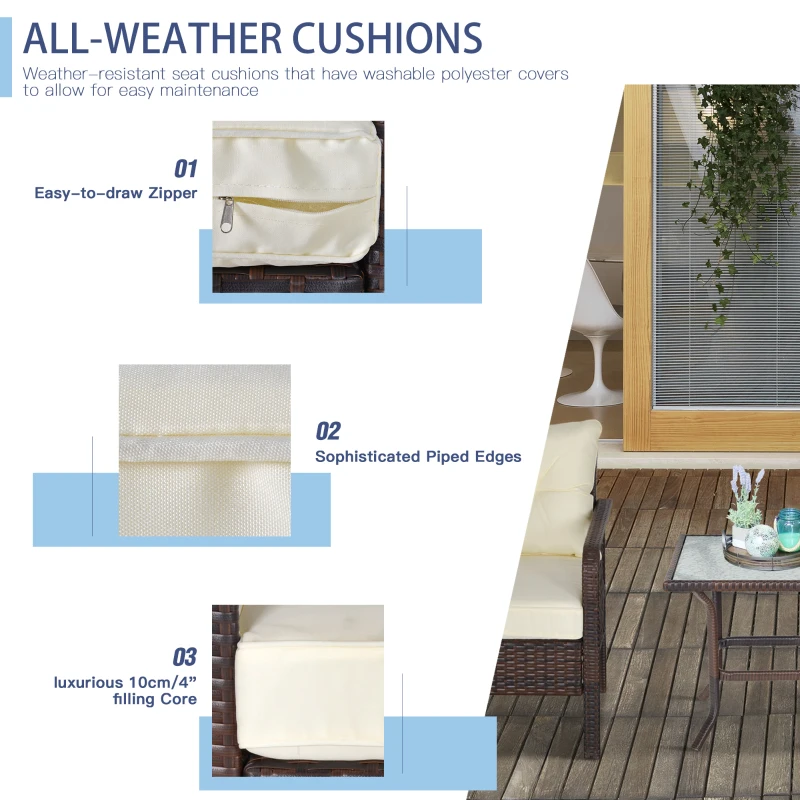 Outsunny 5-Piece PE Wicker Patio Furniture Set, Conversation Set with Outdoor Ottomans, Table & Chairs, Small Balcony Furniture for Apartments, Steel, Cream White