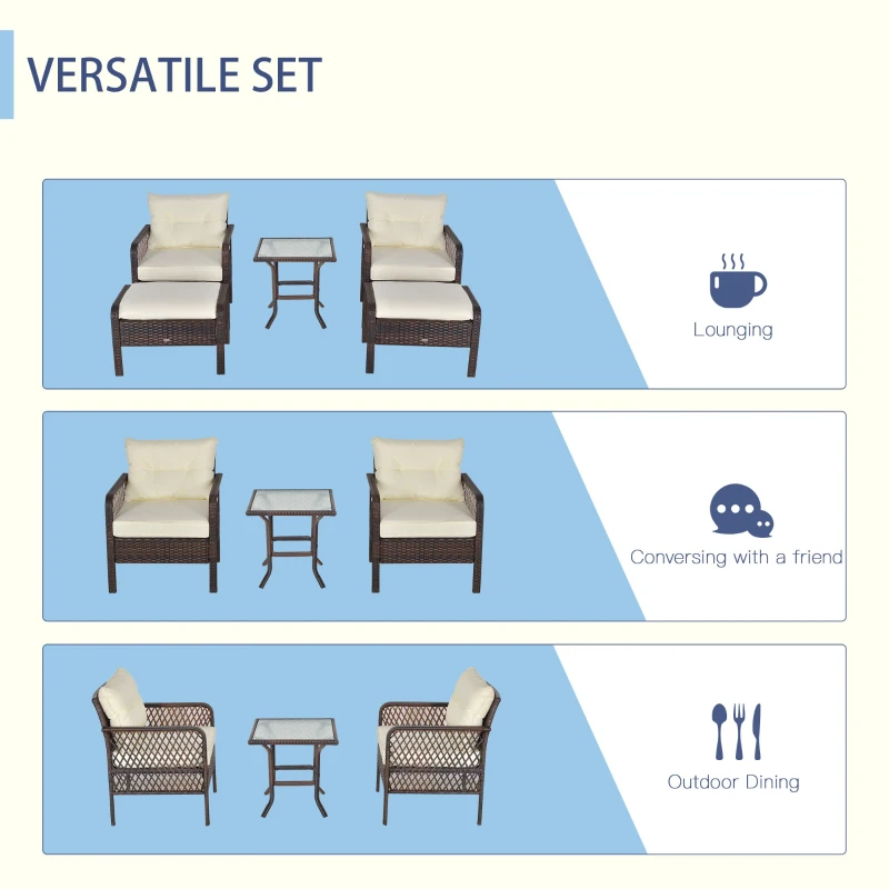 Outsunny 5-Piece PE Wicker Patio Furniture Set, Conversation Set with Outdoor Ottomans, Table & Chairs, Small Balcony Furniture for Apartments, Steel, Cream White