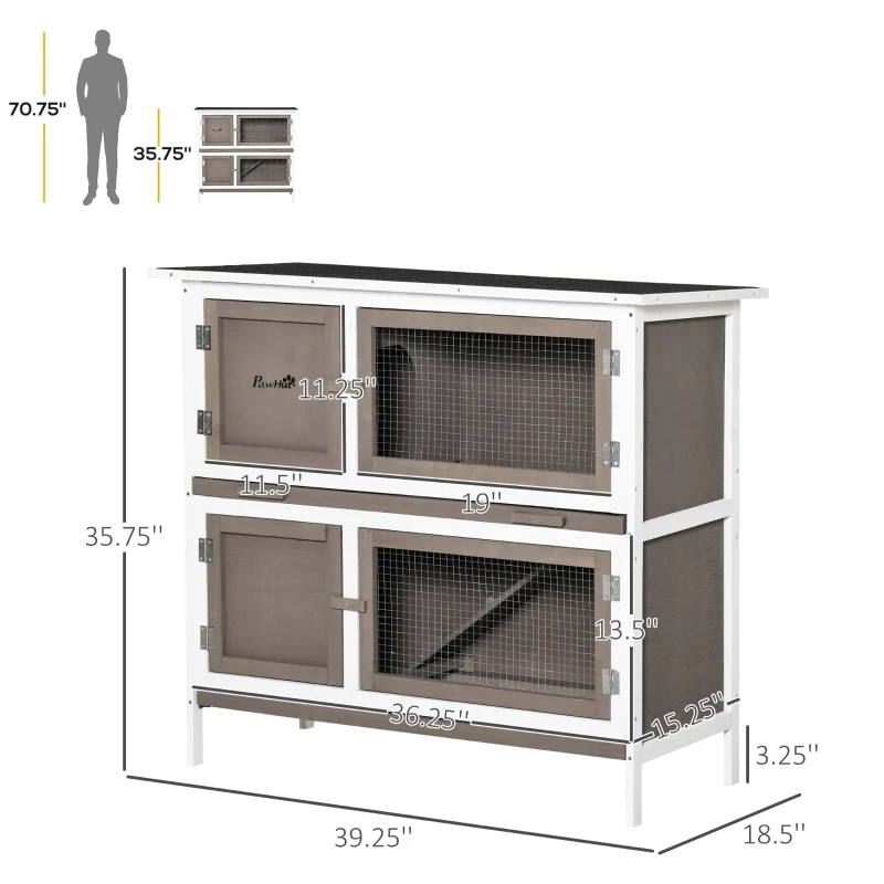 PawHut Wooden Bunny Rabbit Hutch, Small Animal Habitat with Ramp, Removable Tray & Weatherproof Roof, Indoor/Outdoor, Brown