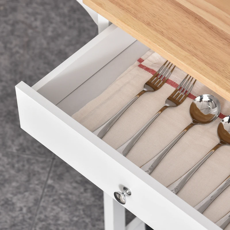 HOMCOM Modern Rolling Kitchen Island Cart with Drawer, Natural Wood Top, Towel Rack, Door Storage Cabinet, White