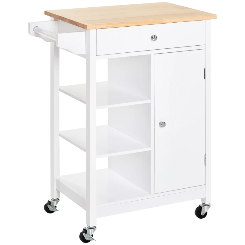 HOMCOM Modern Rolling Kitchen Island Cart with Drawer, Natural Wood Top, Towel Rack, Door Storage Cabinet, White