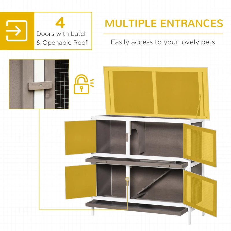 PawHut Wooden Bunny Rabbit Hutch, Small Animal Habitat with Ramp, Removable Tray & Weatherproof Roof, Indoor/Outdoor, Brown