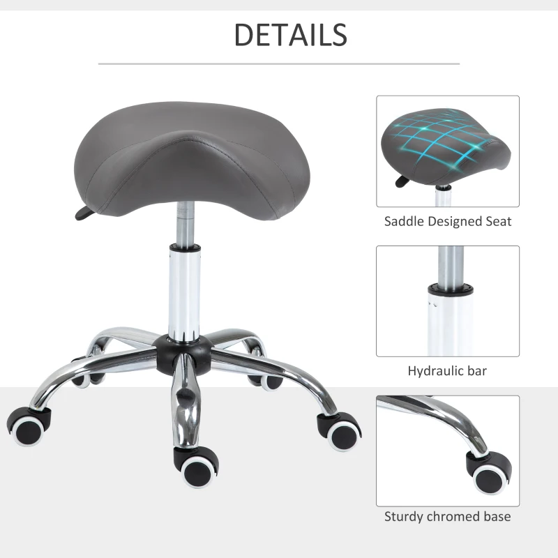 HOMCOM Adjustable Hydraulic Rolling Salon Stool Swivel Saddle Chair Spa Beauty Seat PU Leather, Grey