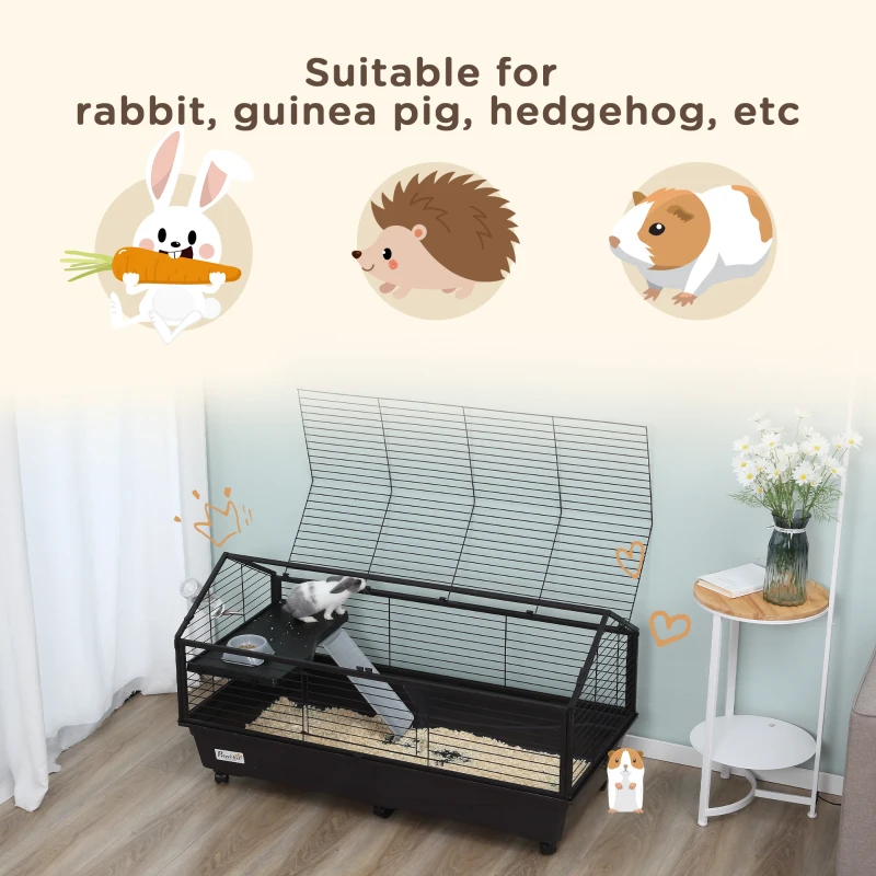 PawHut Small Animal Cage with Foldable Run Area, Rolling Bunny Cage, Guinea Pig Cage, Hedgehog Cage with Water Bottle, Water Bowl, and Ramps, 46.5" L