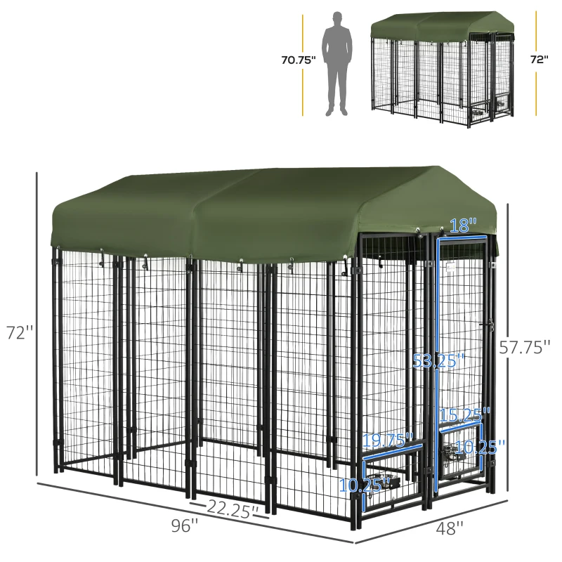 PawHut Weather-Resistant Outdoor Dog Kennel, 8ft x 4ft x 6ft with Cover, Durable Steel Frame, for Secure Pet Play & Rest Area, Green