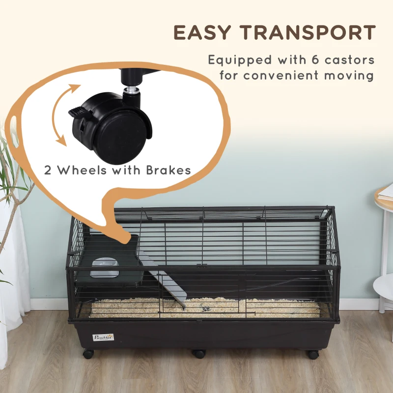 PawHut Small Animal Cage with Foldable Run Area, Rolling Bunny Cage, Guinea Pig Cage, Hedgehog Cage with Water Bottle, Water Bowl, and Ramps, 46.5" L