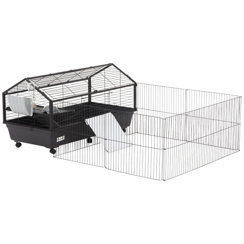 PawHut Metal Small Animal Cage, Rabbit Cage for Guinea Pig Chinchilla Hedgehog Bunny with Removable Wheels and Foldable Detachable Run Fence 46.5" L x 67" W x 24.5" H