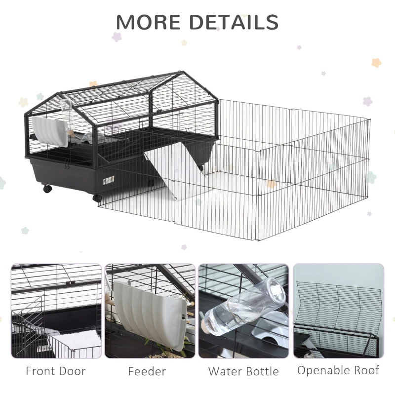 PawHut Small Animal Cage with Foldable Run Area, Rolling Bunny Cage, Guinea Pig Cage, Hedgehog Cage with Water Bottle, Water Bowl, and Ramps, 46.5" L