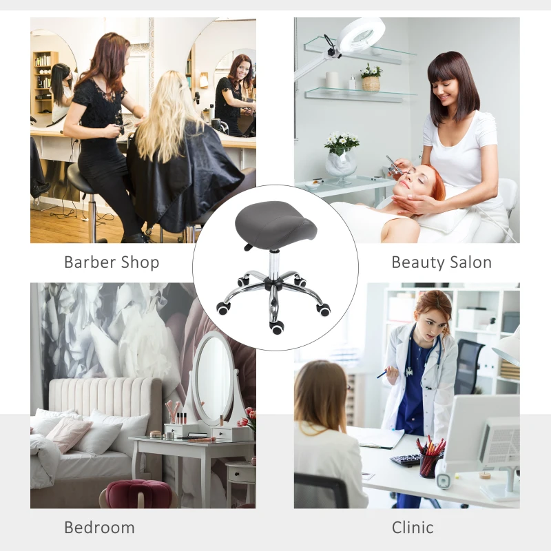 HOMCOM Adjustable Hydraulic Rolling Salon Stool Swivel Saddle Chair Spa Beauty Seat PU Leather, Grey