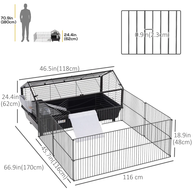 PawHut Metal Small Animal Cage, Rabbit Cage for Guinea Pig Chinchilla Hedgehog Bunny with Removable Wheels and Foldable Detachable Run Fence 46.5" L x 67" W x 24.5" H