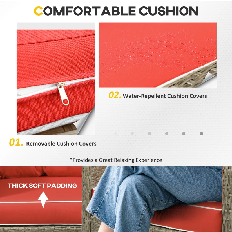 Outsunny 5 Pieces Rattan Wicker Lounge Chair Outdoor Patio Conversation Set with 2 Cushioned Chairs, 2 Ottomans and Tempered Glass Top Coffee Table, Brown/Red