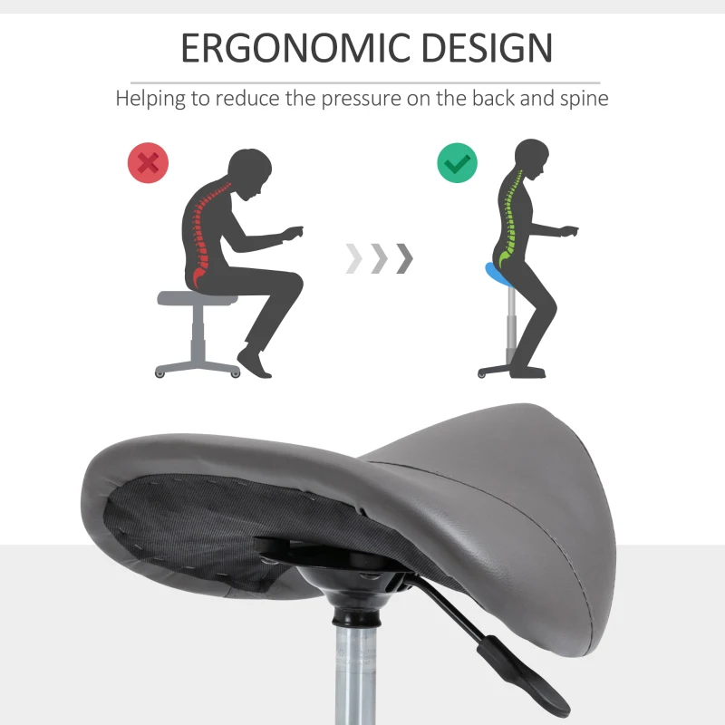 HOMCOM Adjustable Hydraulic Rolling Salon Stool Swivel Saddle Chair Spa Beauty Seat PU Leather, Grey