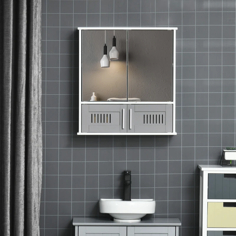 kleankin Bathroom Mirror Cabinet, Wall Mounted Storage Cupboard with Double Doors and Adjustable Shelf, Grey