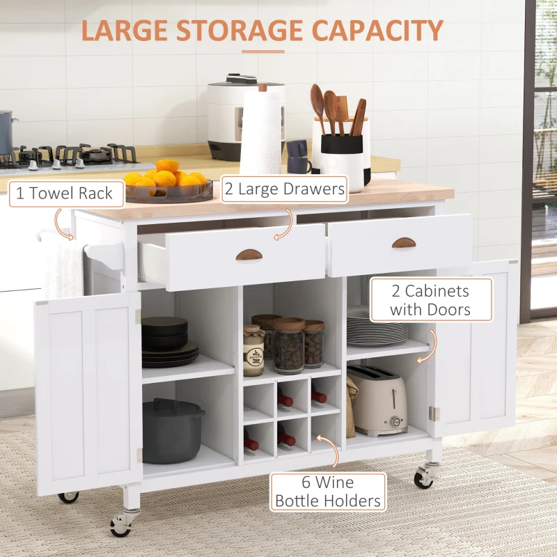 HOMCOM Rolling Kitchen Island, Bar Cart on Wheels with Large Counter, 2 Spacious Drawers and Storage Cabinets, Wine Rack, White