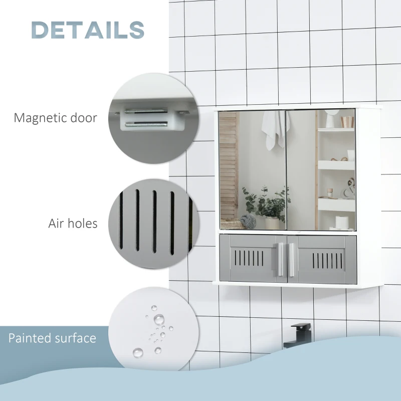 kleankin Bathroom Mirror Cabinet, Wall Mounted Storage Cupboard with Double Doors and Adjustable Shelf, Grey