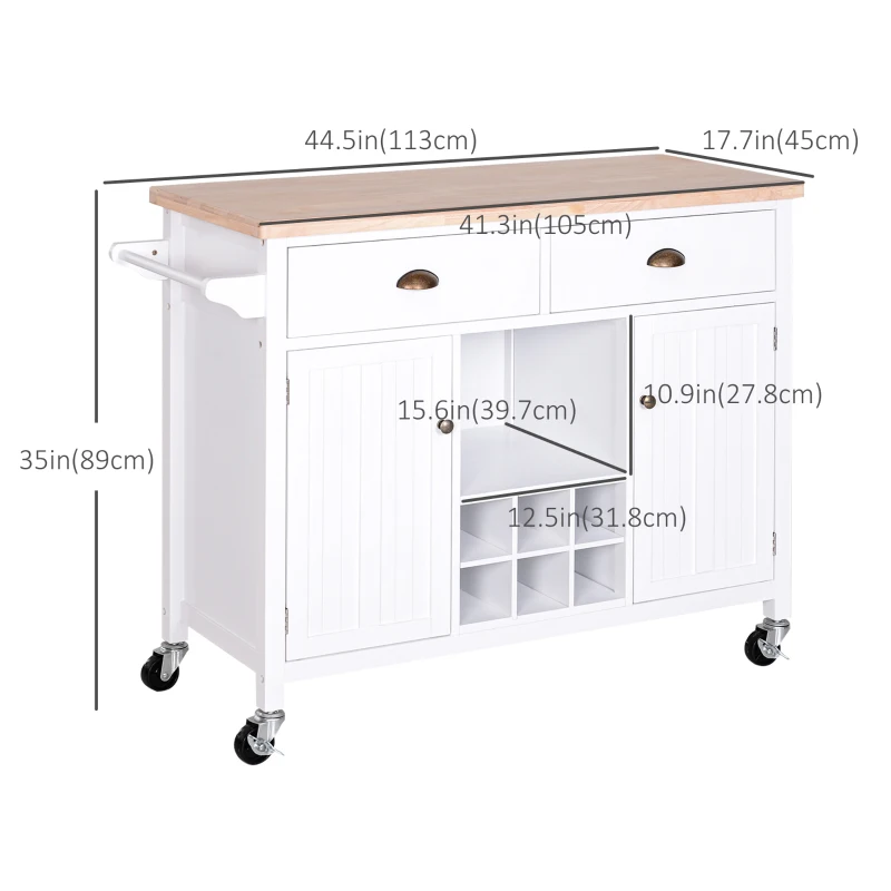 HOMCOM Rolling Kitchen Island, Bar Cart on Wheels with Large Counter, 2 Spacious Drawers and Storage Cabinets, Wine Rack, White