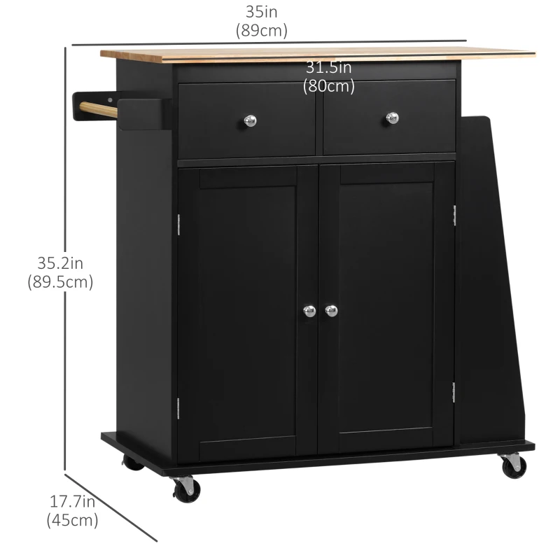 HOMCOM Rolling Kitchen Island Trolley Storage Cart with Rubber Wood Top, 3-Tier Spice Rack, Towel Rack Home Kitchen Carts, Black
