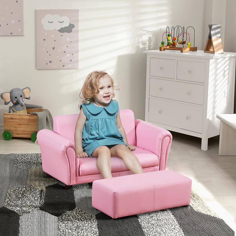 Qaba Kids Sofa and Footstool Set - Comfy Toddler Furniture for Playroom, Bedroom - Pink