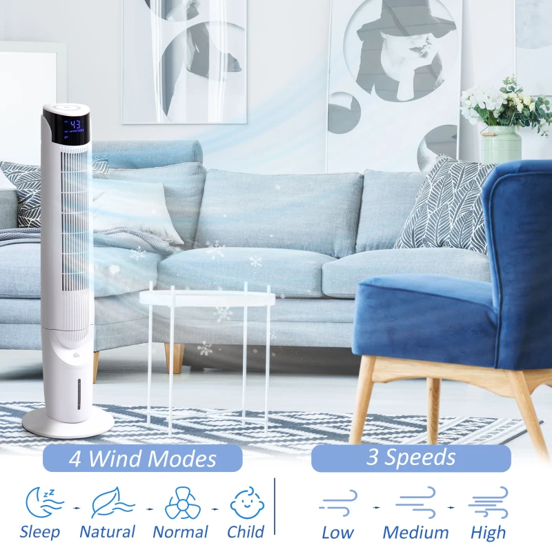 HOMCOM 42'' Evaporative Air Cooler, Ice Cooling Fan with 3 Speeds, 4 Modes, 12 Hour Timer, LED Display and Remote Control for Bedroom, Office or Living Room, White