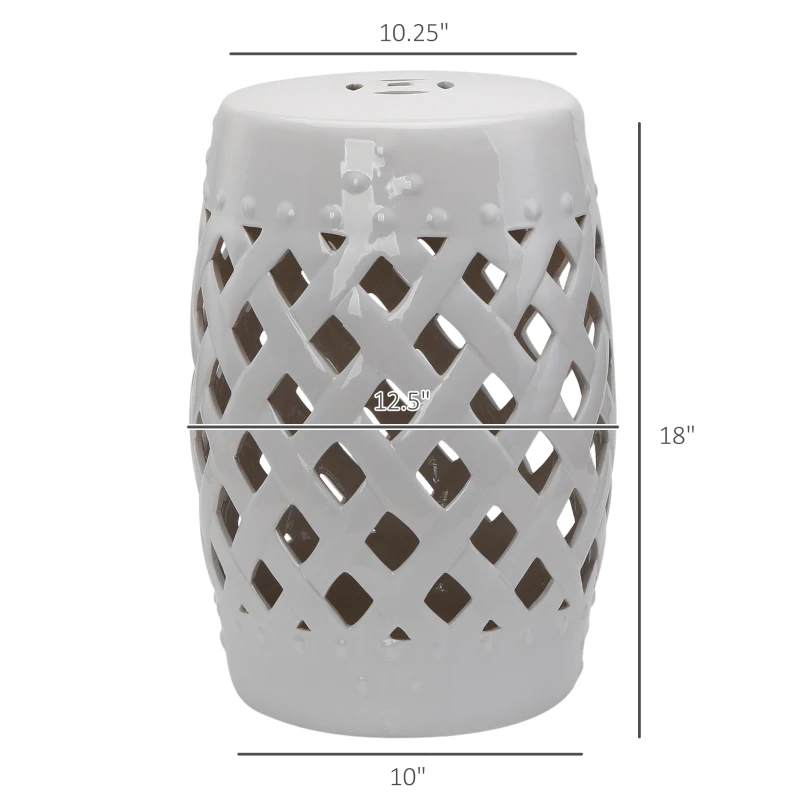 Outsunny 13" x 18" Ceramic Garden Stool with Woven Lattice Design & Glazed Strong Materials Decorative Outdoor Stool, White