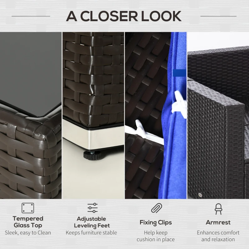 Outsunny 7 Piece Outdoor Patio Furniture Set, PE Rattan Wicker Sectional Sofa Set with Couch Cushions, Throw Pillows and Slat Coffee Table, Dark Brown, Deep Blue