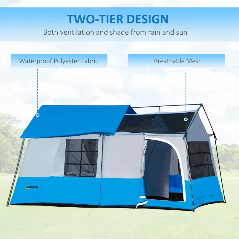 Outsunny Large Camping Tent with 10 Person Floorspace, Rain Cover & Breathable Mesh Roof, Cabin Tent 8 Person Size, Big Family Tent Camping Accessory, Blue