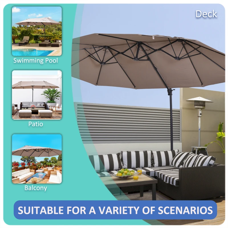 Outsunny 14ft Patio Umbrella Double-Sided Outdoor Market Extra Large Umbrella with Crank, Cross Base for Deck, Lawn, Backyard and Pool, Brown