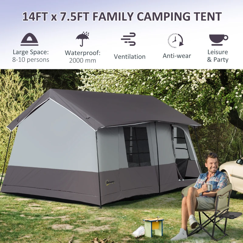 Outsunny Large Camping Tent with 10 Person Floorspace, Rain Cover & Breathable Mesh Roof, Cabin Tent 8 Person Size, Big Family Tent Camping Accessory, Gray