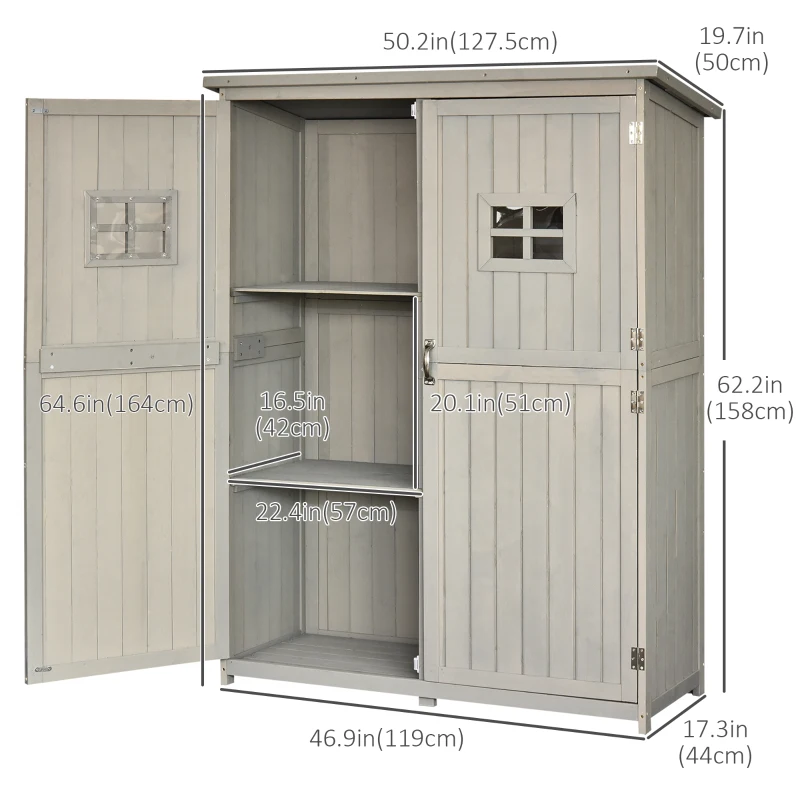 Outsunny 4x1.5ft Wooden Garden Sheds, Outdoor Storage with Windows and Double Door for Gardeners, Grey