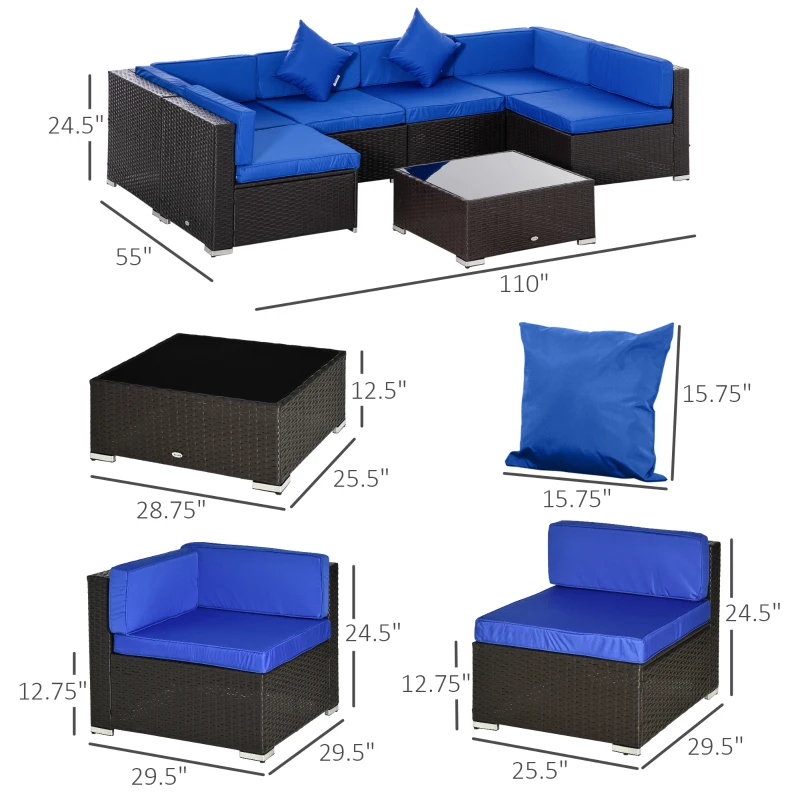 Outsunny 7 Piece Outdoor Patio Furniture Set, PE Rattan Wicker Sectional Sofa Set with Couch Cushions, Throw Pillows and Slat Coffee Table, Dark Brown, Deep Blue