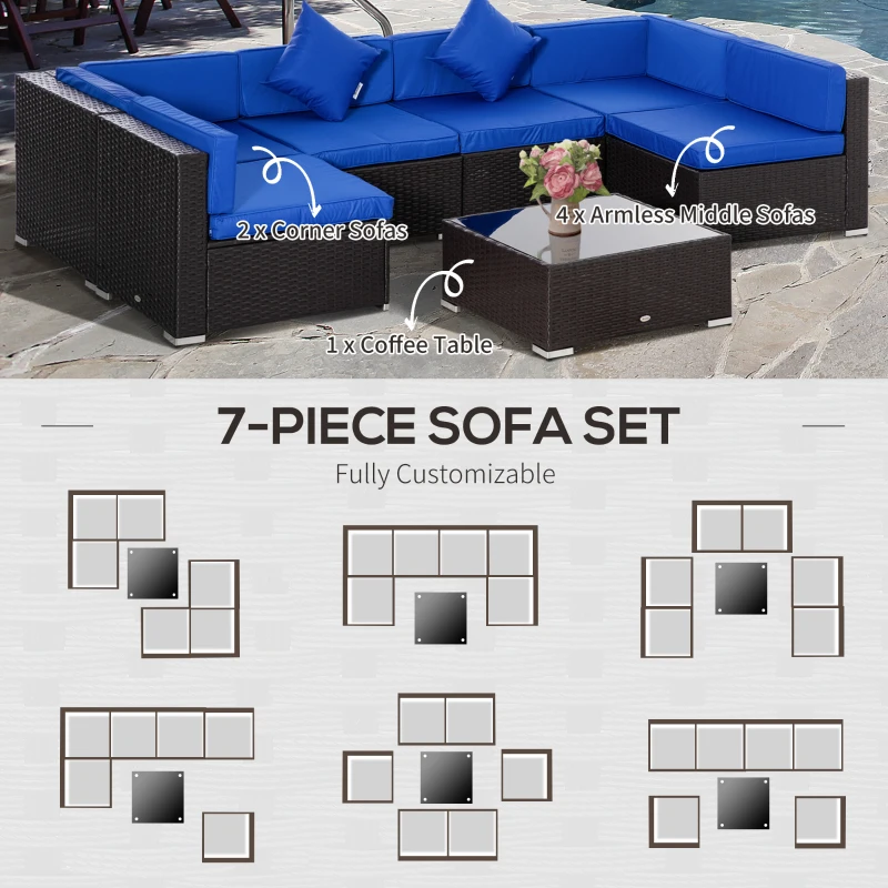 Outsunny 7 Piece Outdoor Patio Furniture Set, PE Rattan Wicker Sectional Sofa Set with Couch Cushions, Throw Pillows and Slat Coffee Table, Dark Brown, Deep Blue