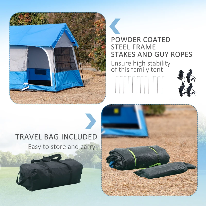 Outsunny Large Camping Tent with 10 Person Floorspace, Rain Cover & Breathable Mesh Roof, Cabin Tent 8 Person Size, Big Family Tent Camping Accessory, Blue