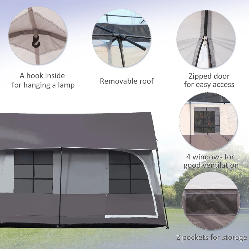 Outsunny Large Camping Tent with 10 Person Floorspace, Rain Cover & Breathable Mesh Roof, Cabin Tent 8 Person Size, Big Family Tent Camping Accessory, Gray