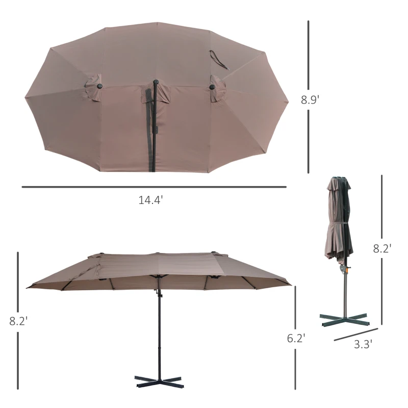 Outsunny 14ft Patio Umbrella Double-Sided Outdoor Market Extra Large Umbrella with Crank, Cross Base for Deck, Lawn, Backyard and Pool, Brown